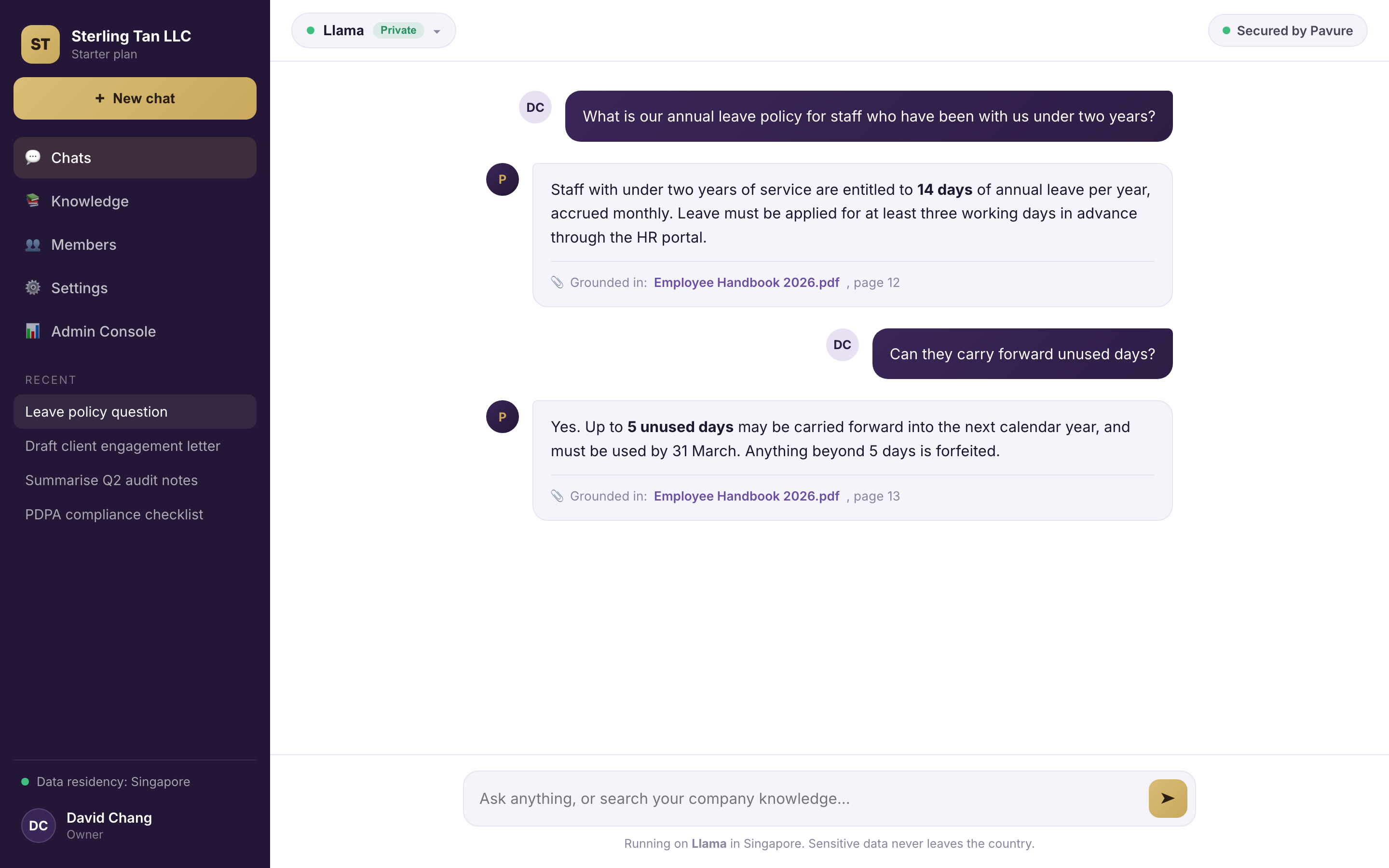 The Pavure workspace, chatting with private AI grounded in company documents
